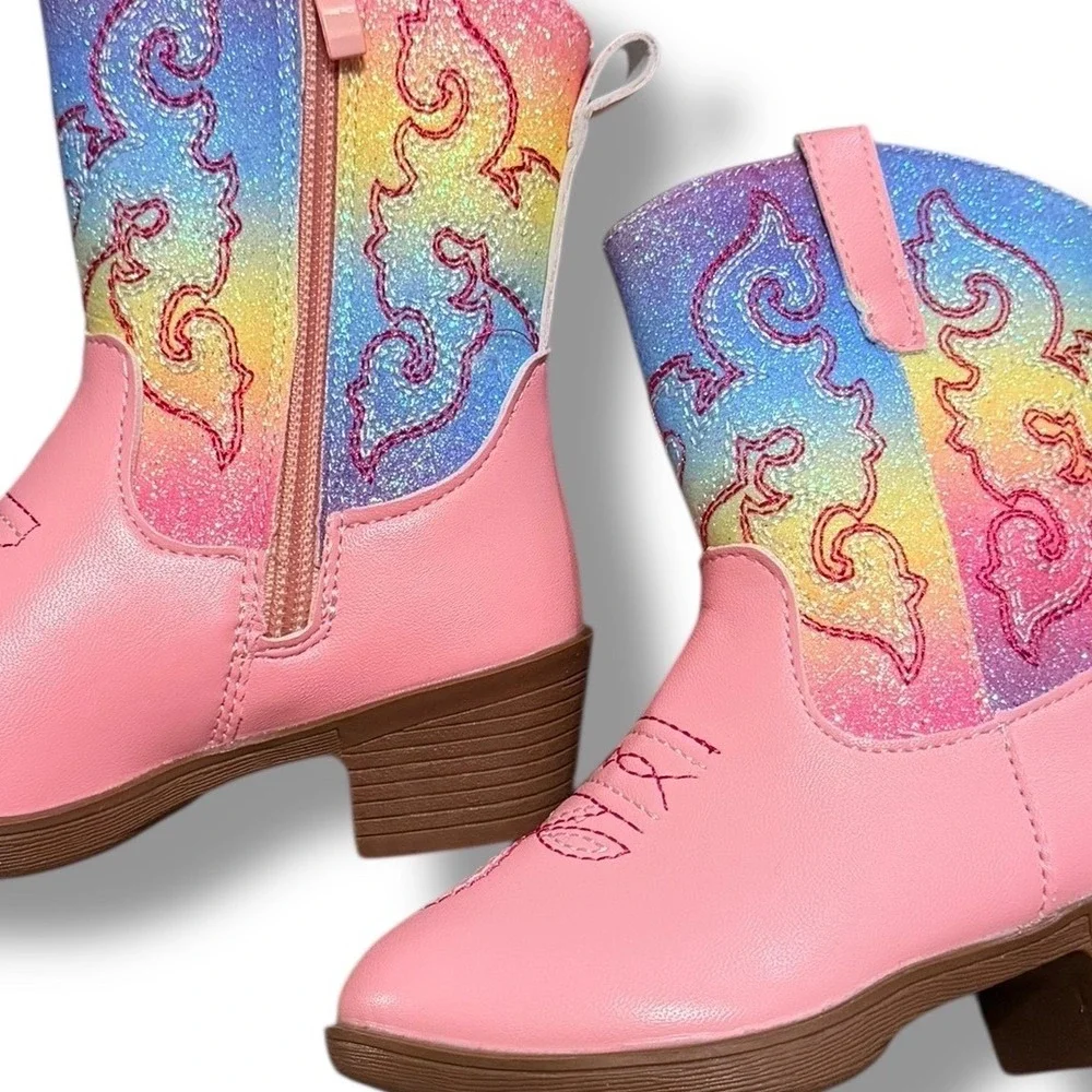 NIB Kids Pink Rainbow Glitter Cowboy Boots Side Zip Western Toddler Sz 7.5